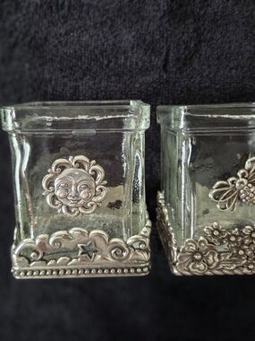 Brighton Clear Glass Candle Holders with Silver Sun & Floral Accents
